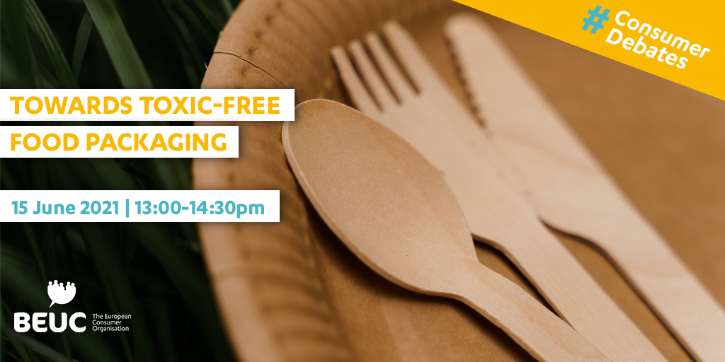 An invitation for a BEUC event. It shows a picture of cutlery with the text "Towards toxic-free food packaging".