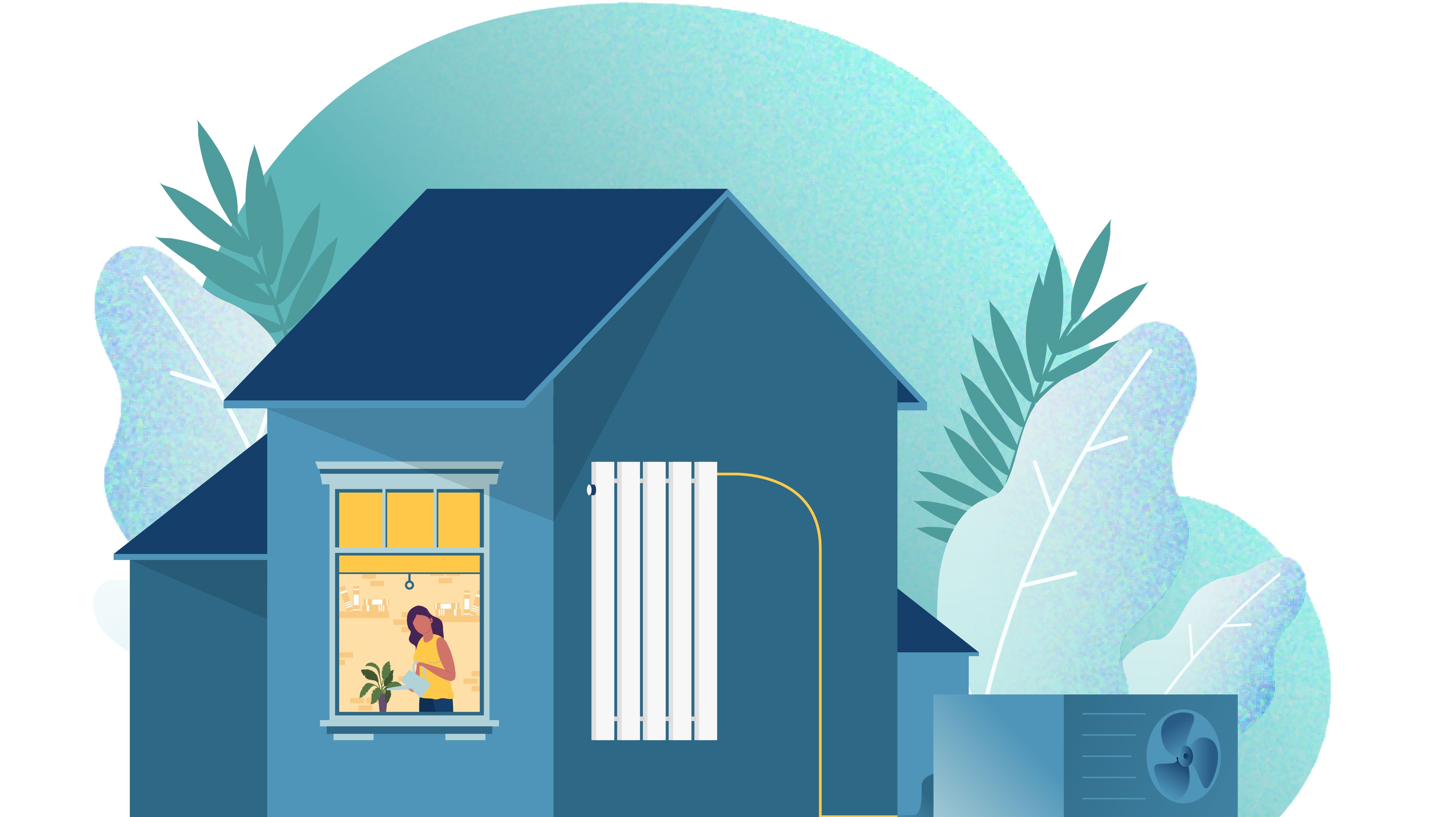 blue house with heat pump illustration