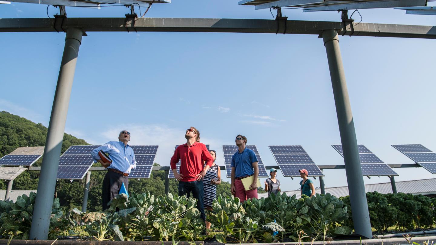 Energy community: pleople discussing in front of solar panels