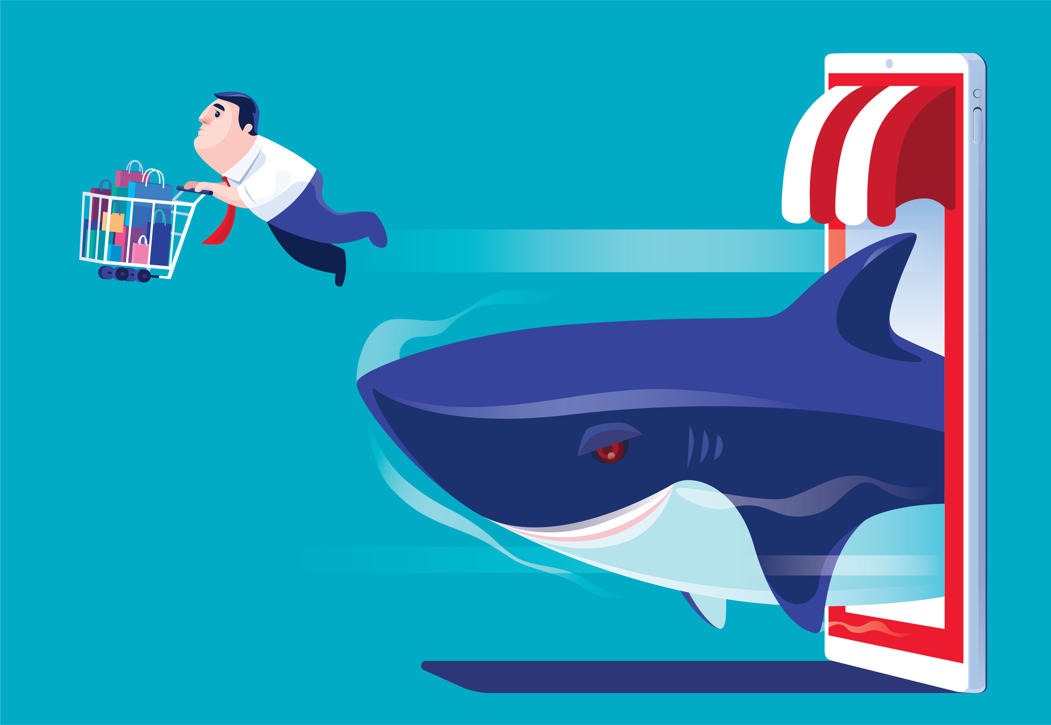 Shark following a customer with trolley full of goods