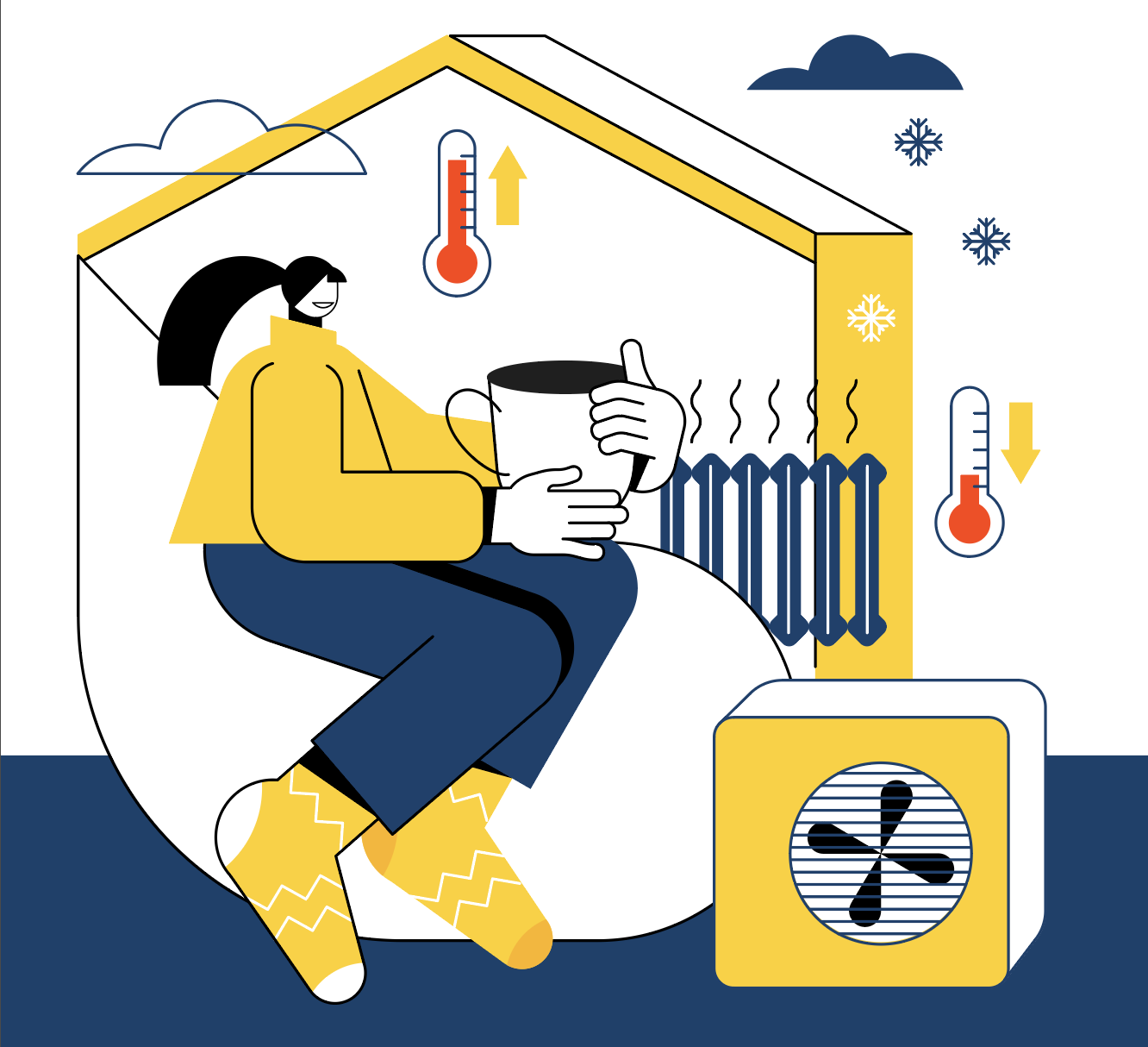 Illustration of a woman in a yellow house with radiators and heat pump