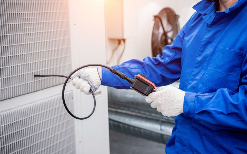 The technician uses a digital camera to check the clogging of the heat exchanger