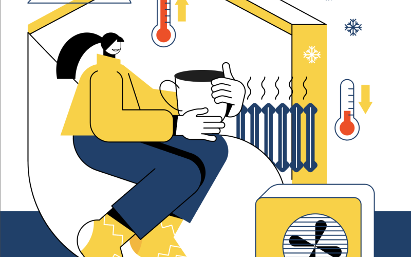 Illustration of a woman in a yellow house with radiators and heat pump