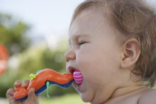 Baby eating a plastic toy