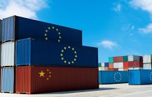 containers with European Union flag and Chinese flag at the docks