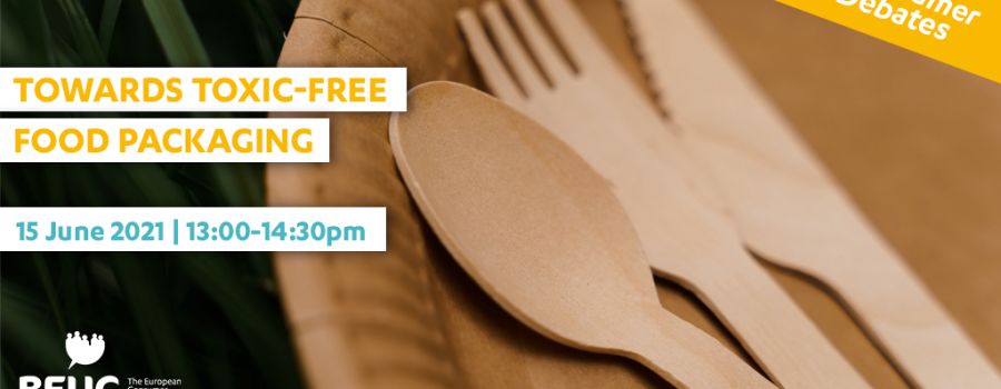 An invitation for a BEUC event. It shows a picture of cutlery with the text "Towards toxic-free food packaging".