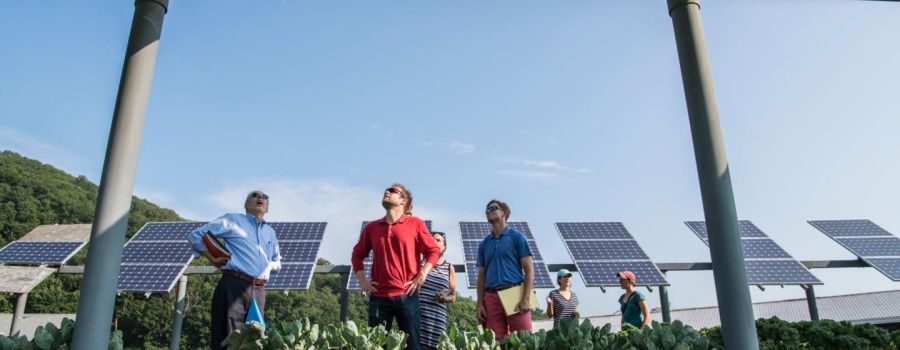 Energy community: pleople discussing in front of solar panels